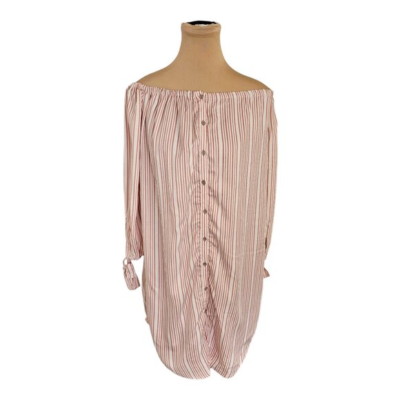Gentle Fawn Light Pink Striped Off Shoulder Shirt Dress Sz S - Picture 1 of 10